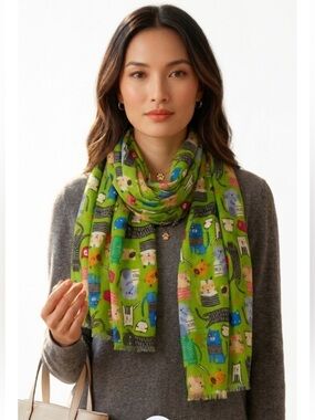 New Bright Green Whimsical Cartoon Cat Print Lightweight Scarf Multi-Color
U